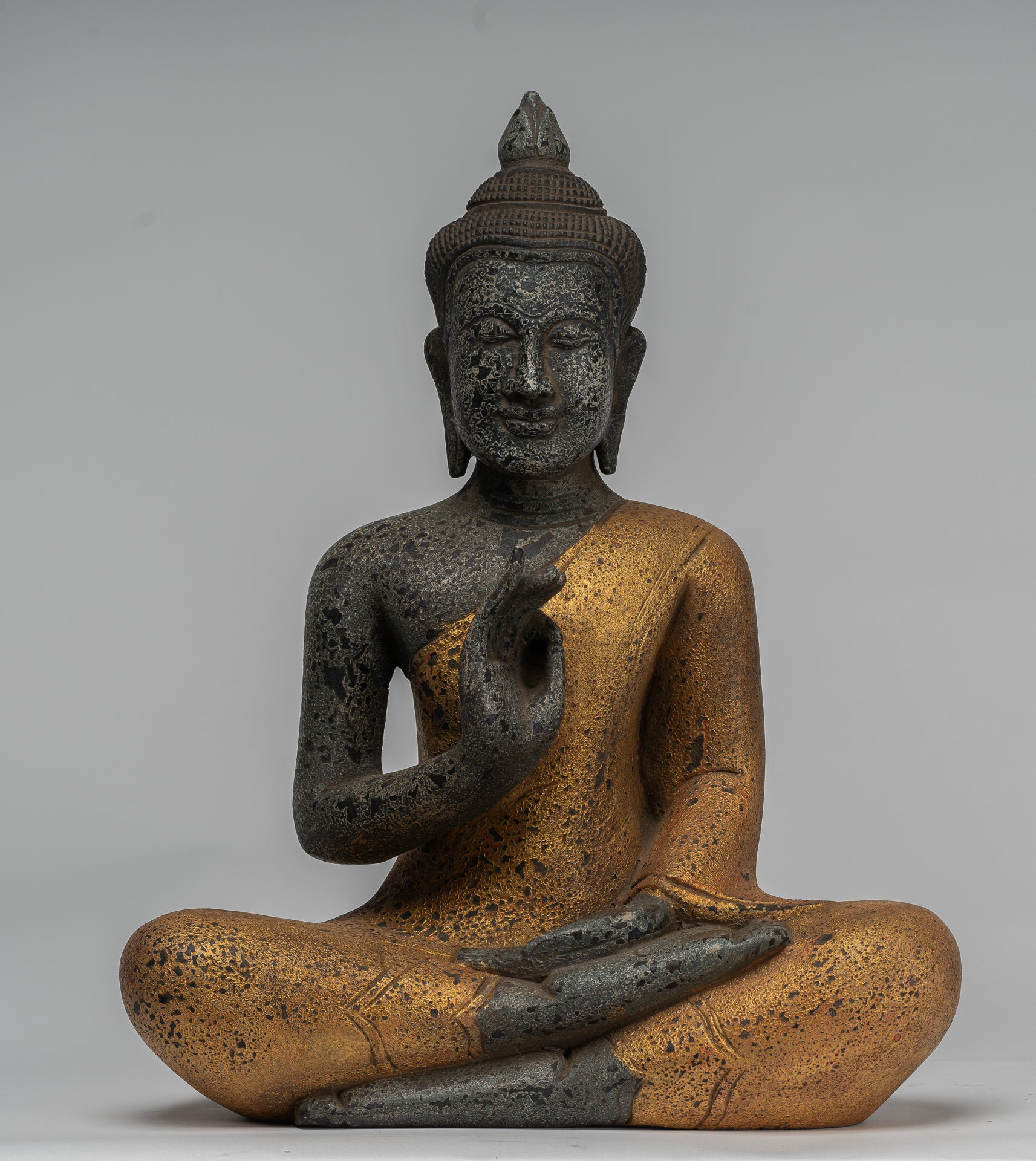 Buddha Statue - Antique Khmer Style Cambodia Seated Wood Buddha Statue Teaching Mudra - 44cm/18"