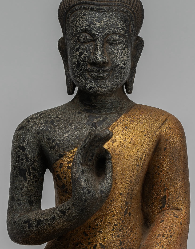 Buddha Statue - Antique Khmer Style Cambodia Seated Wood Buddha Statue Teaching Mudra - 44cm/18"