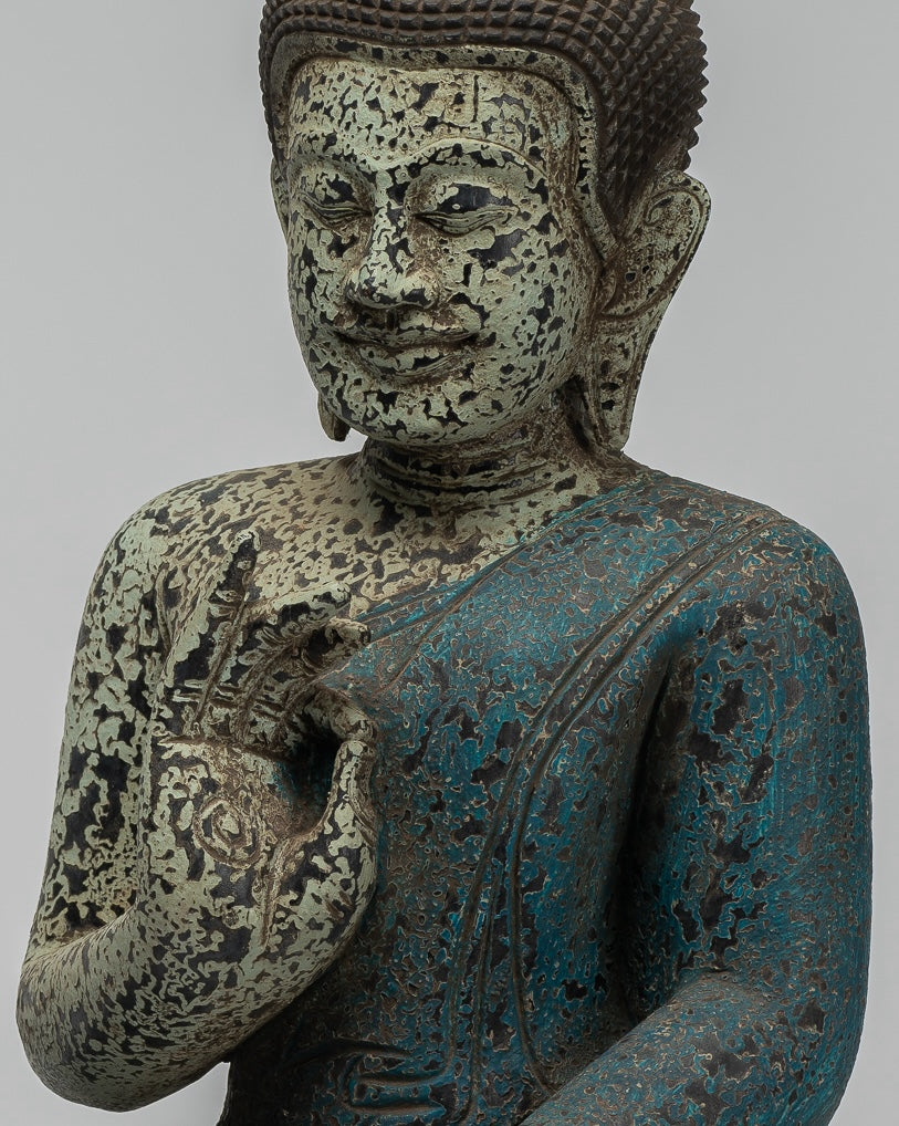 Buddha Statue - Antique Khmer Style Cambodia Seated Wood Buddha Statue Teaching Mudra - 44cm/18"
