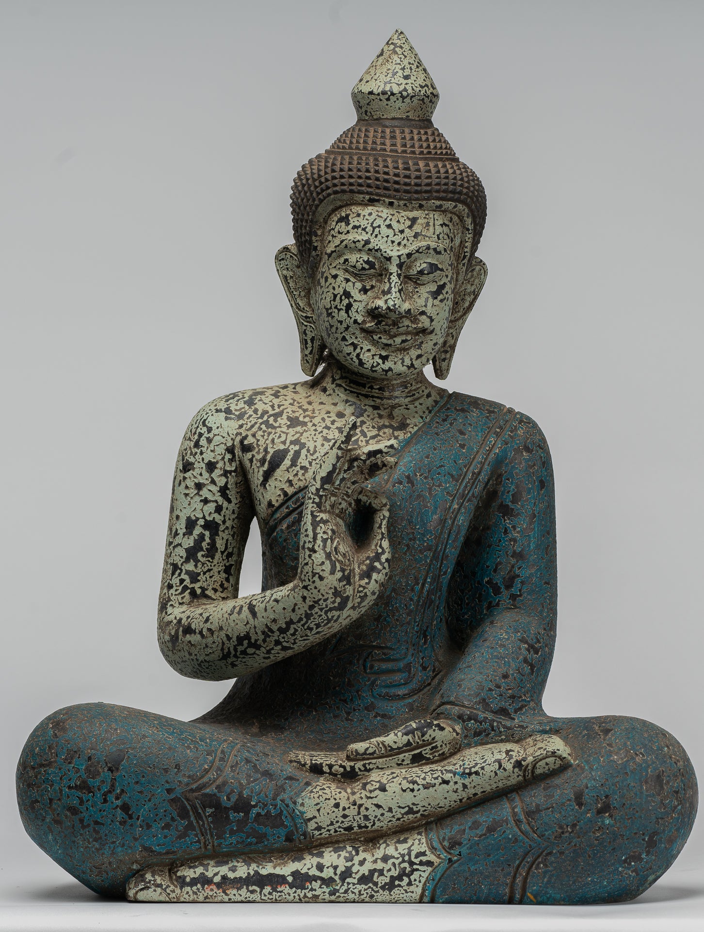 Buddha Statue - Antique Khmer Style Cambodia Seated Wood Buddha Statue Teaching Mudra - 44cm/18"