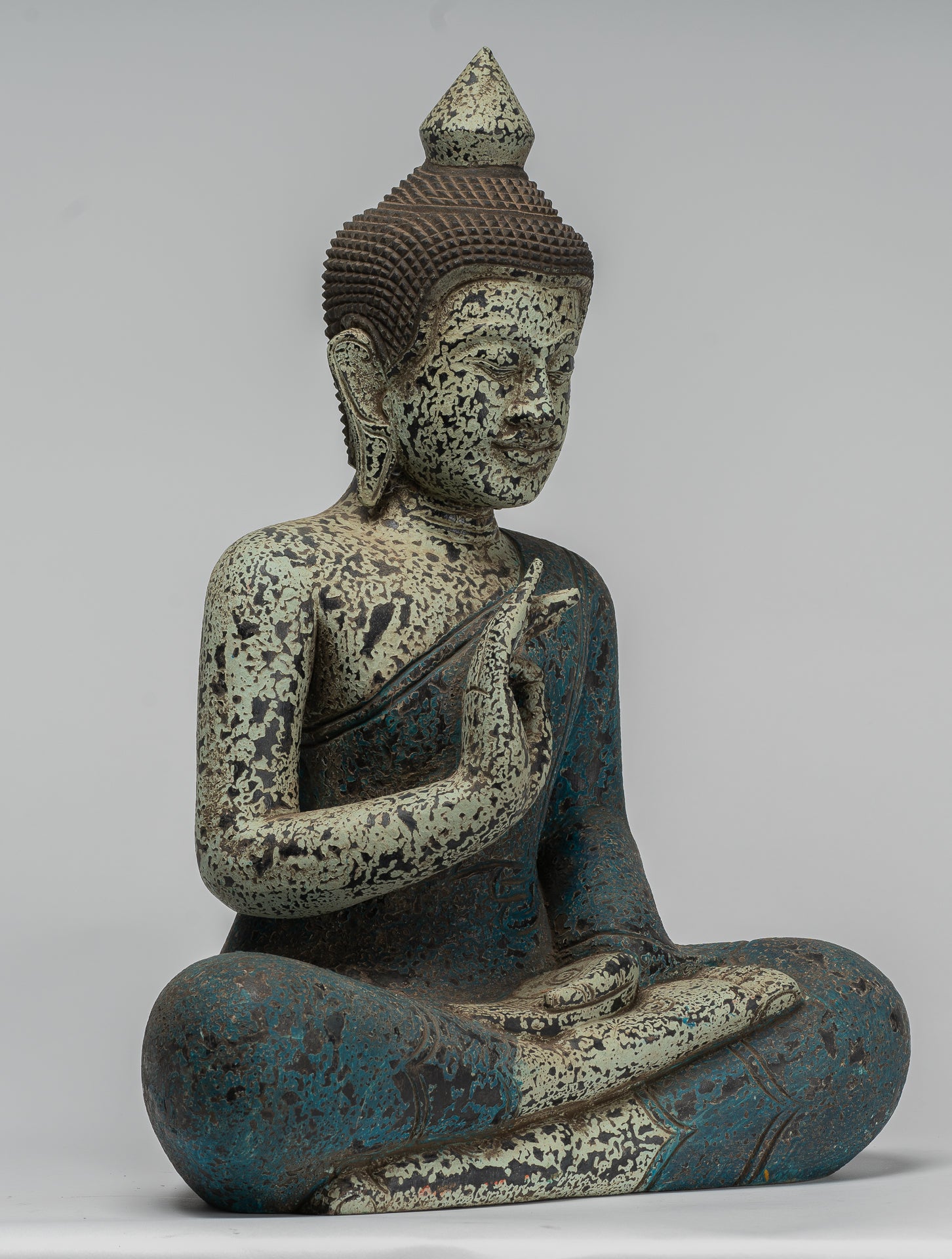 Buddha Statue - Antique Khmer Style Cambodia Seated Wood Buddha Statue Teaching Mudra - 44cm/18"