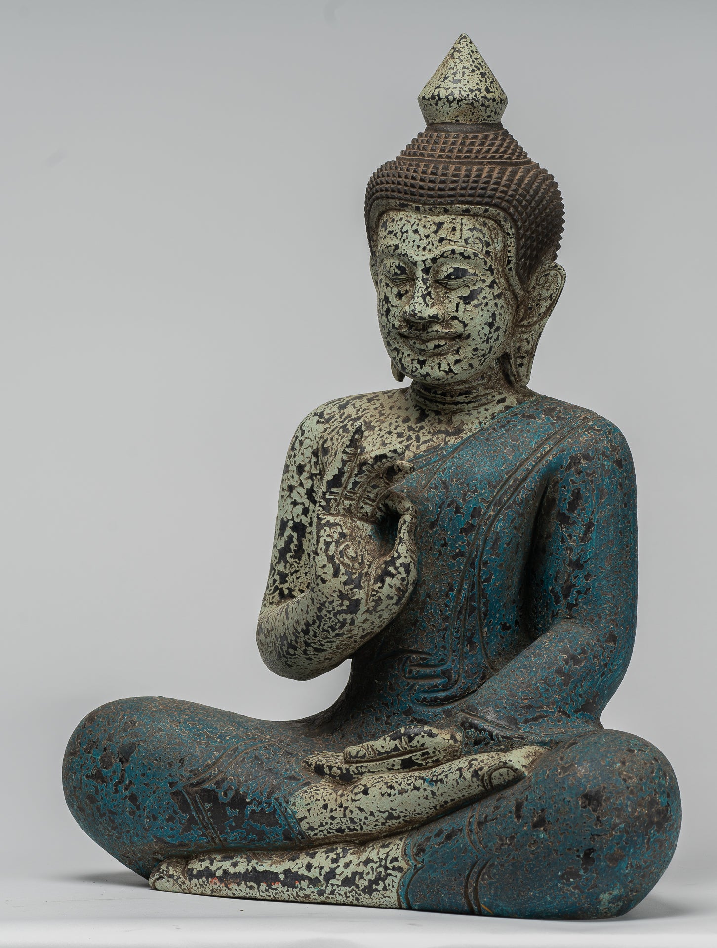 Buddha Statue - Antique Khmer Style Cambodia Seated Wood Buddha Statue Teaching Mudra - 44cm/18"
