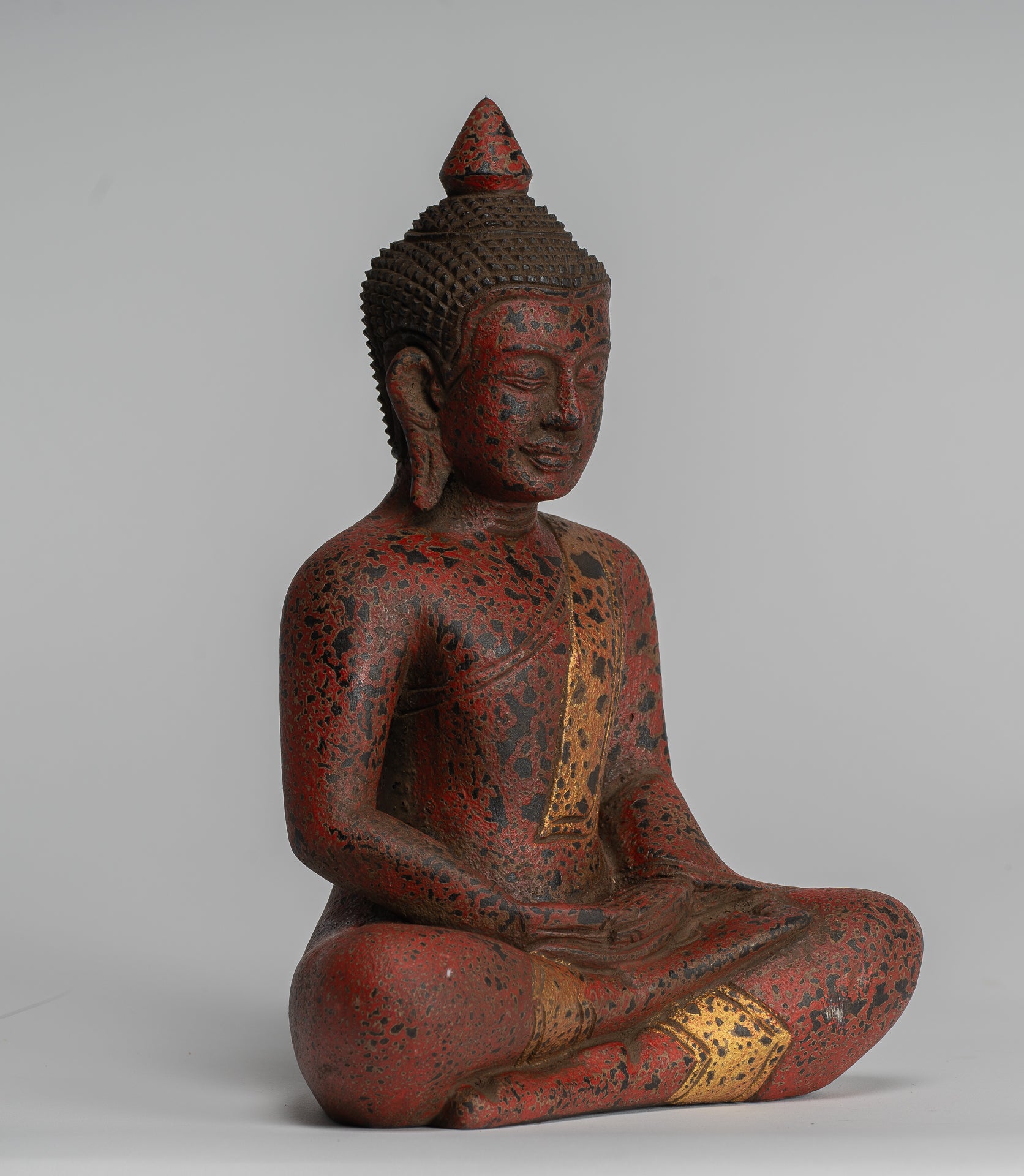 Buddha Sculpture - Antique Khmer Style Wood Seated Buddha Statue Dhyana Meditation Mudra - 28cm/11"