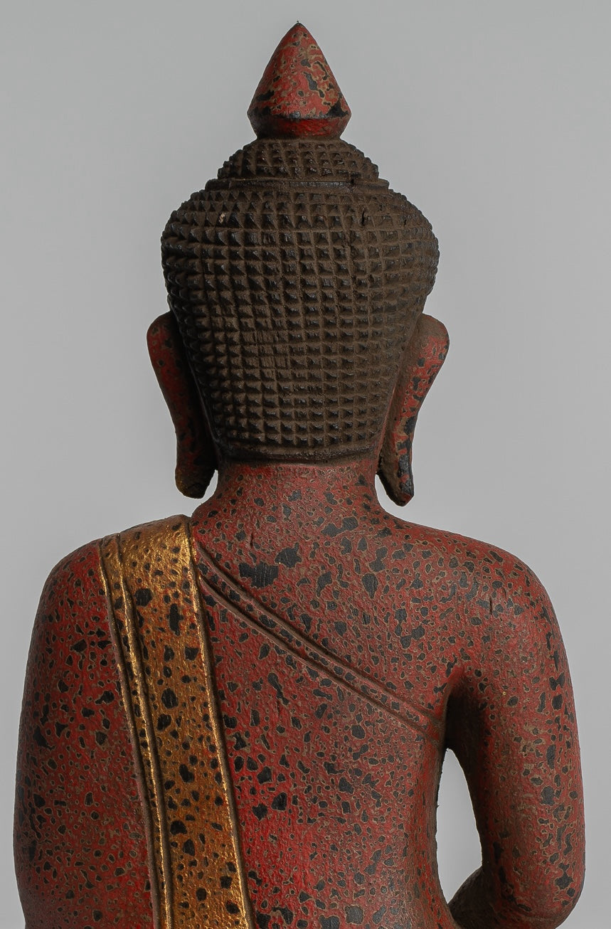 Buddha Sculpture - Antique Khmer Style Wood Seated Buddha Statue Dhyana Meditation Mudra - 28cm/11"