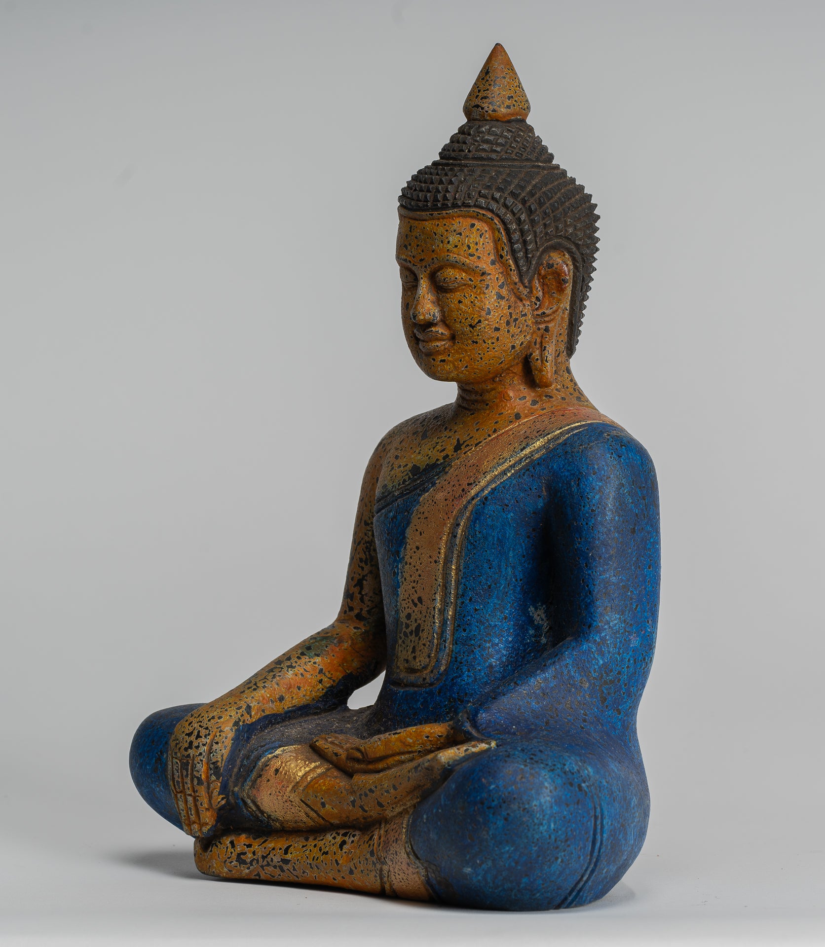 Buddha Statue - Antique Khmer Style SE Asia Seated Wood Enlightenment Buddha Statue - 27cm/11"