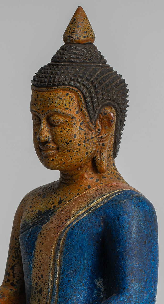 Buddha Statue - Antique Khmer Style SE Asia Seated Wood Enlightenment Buddha Statue - 27cm/11"