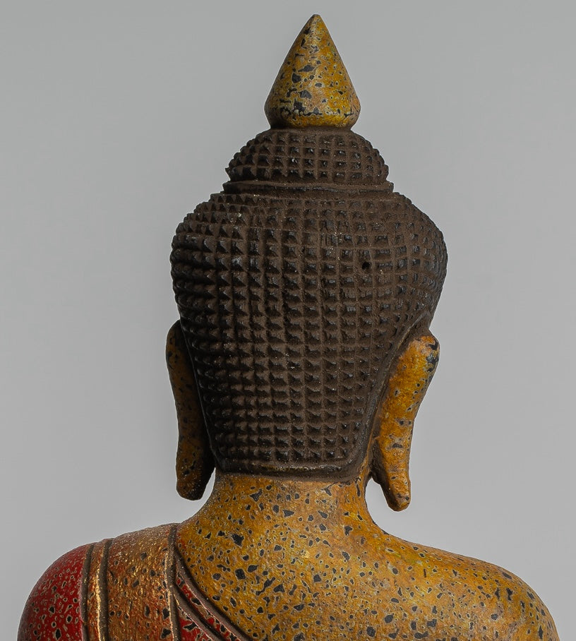 Buddha Statue - Antique Khmer Style Cambodia Seated Wood Buddha Statue Teaching Mudra - 27cm/11"