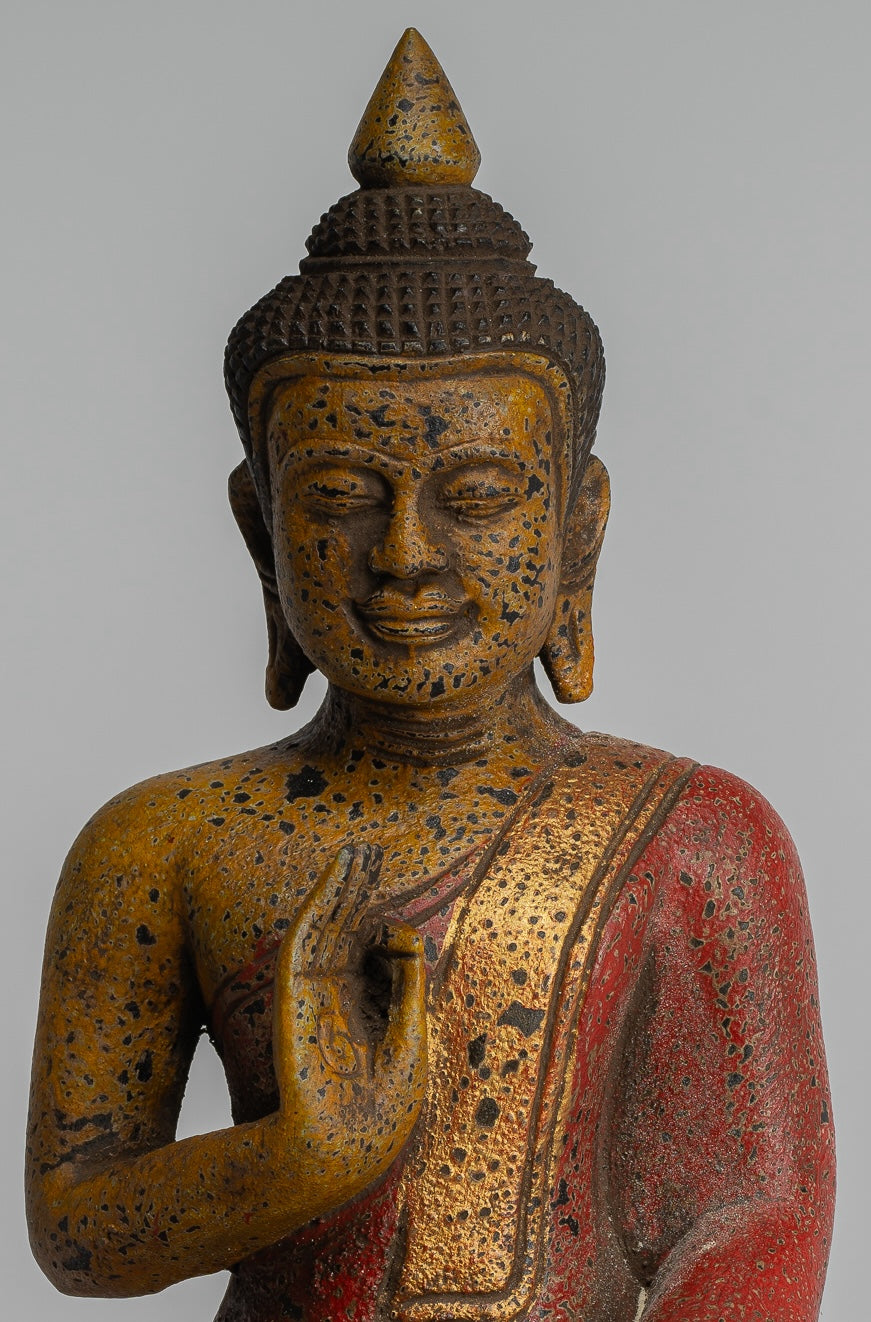 Buddha Statue - Antique Khmer Style Cambodia Seated Wood Buddha Statue Teaching Mudra - 27cm/11"