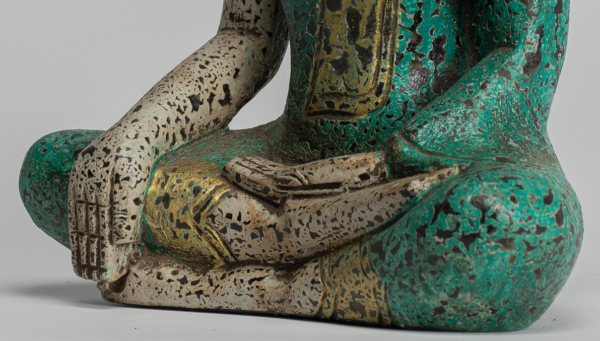 Buddha Statue - Antique Khmer Style SE Asia Seated Wood Enlightenment Buddha Statue - 26cm/10"