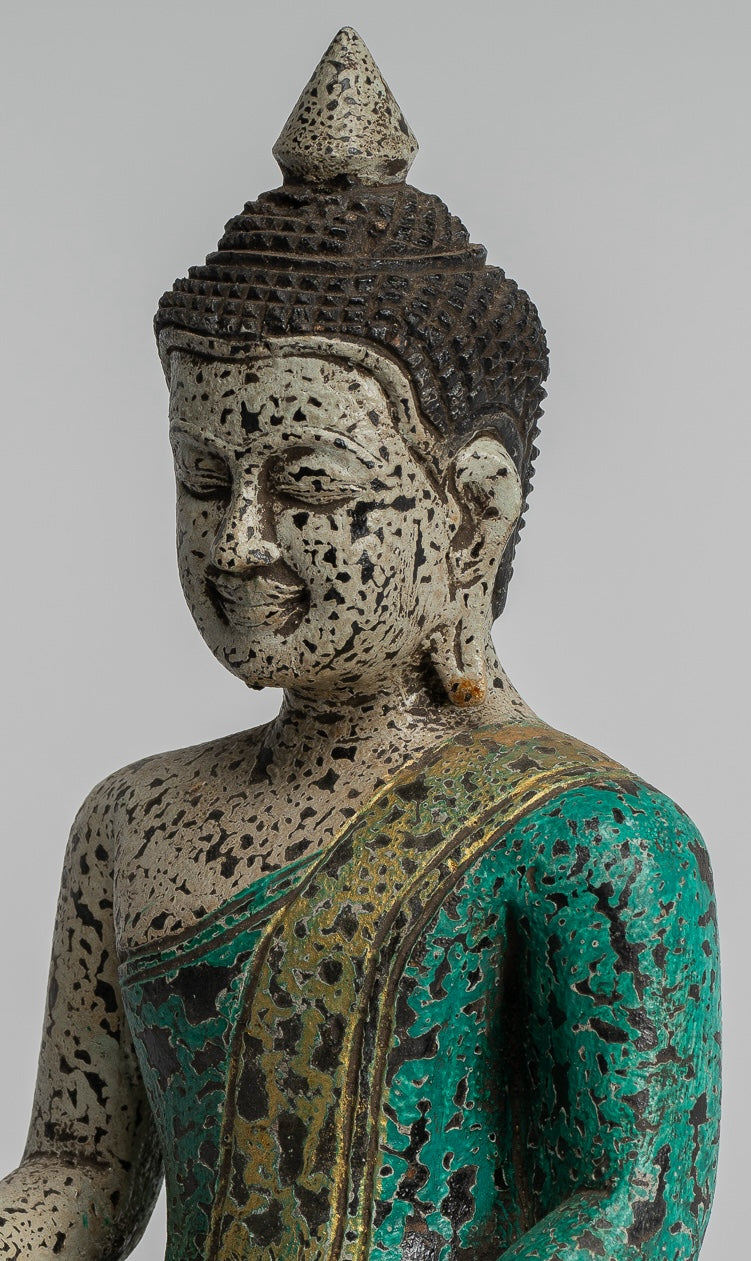 Buddha Statue - Antique Khmer Style SE Asia Seated Wood Enlightenment Buddha Statue - 26cm/10"
