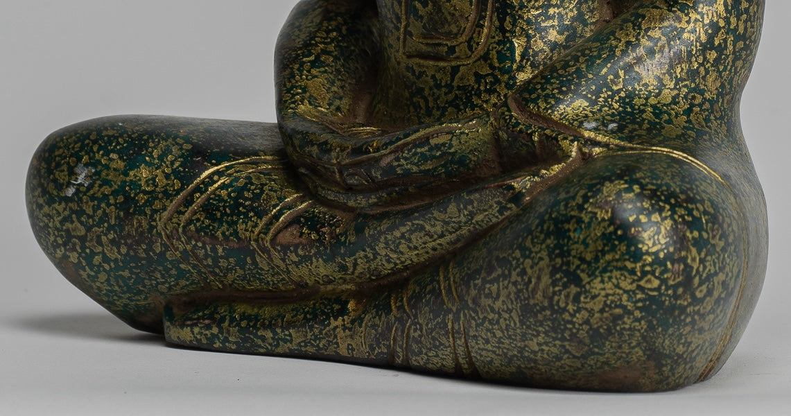 Buddha Sculpture - Antique Khmer Style Wood Seated Buddha Statue Dhyana Meditation Mudra - 28cm/11"