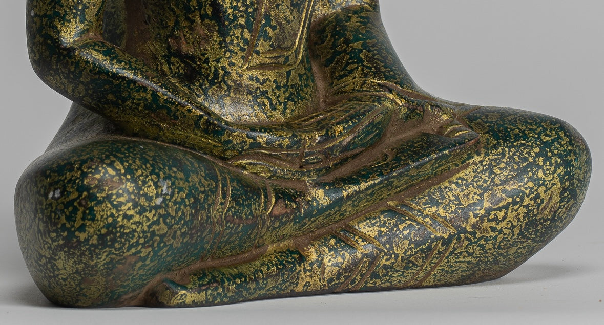 Buddha Sculpture - Antique Khmer Style Wood Seated Buddha Statue Dhyana Meditation Mudra - 28cm/11"