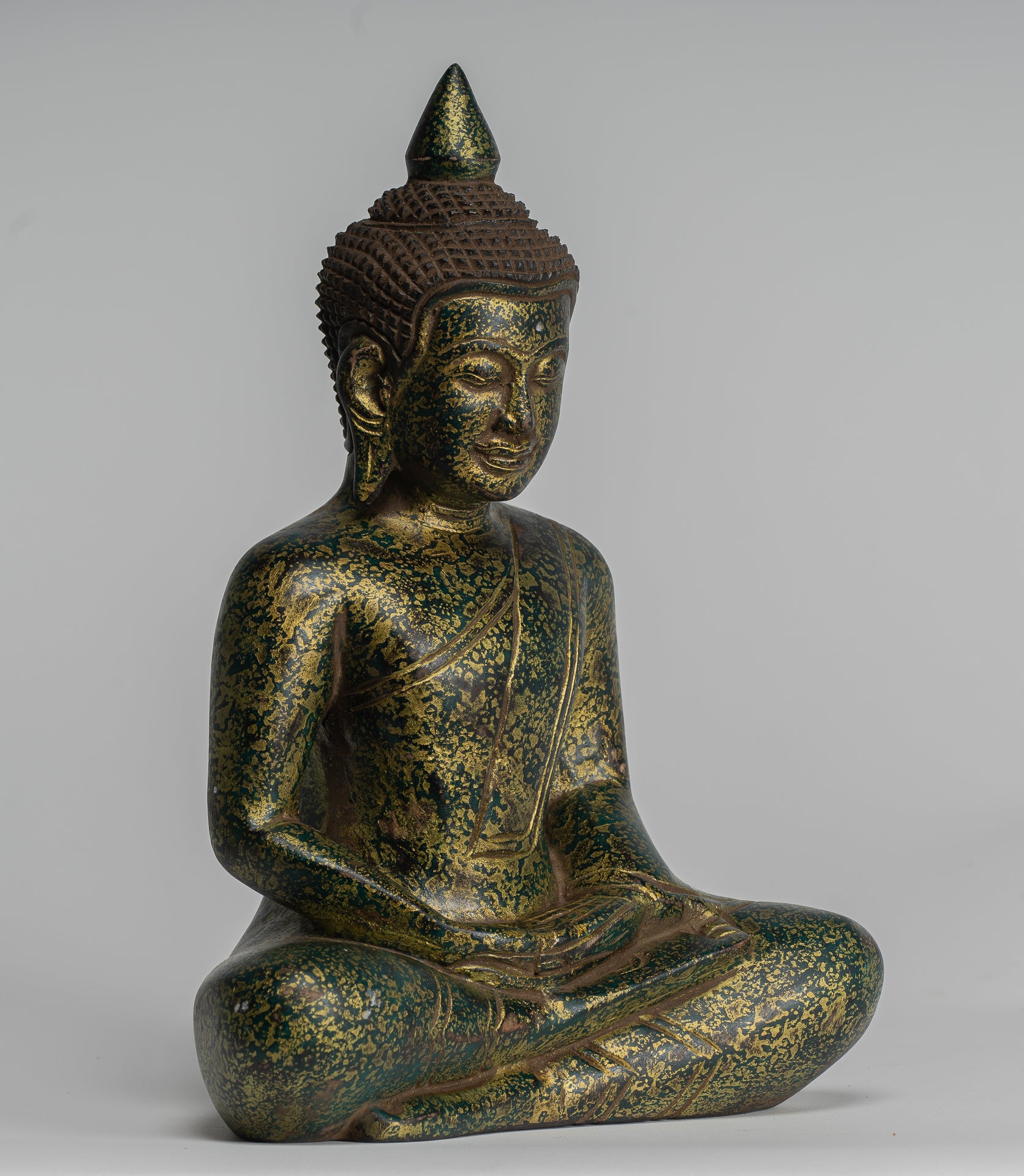 Buddha Sculpture - Antique Khmer Style Wood Seated Buddha Statue Dhyana Meditation Mudra - 28cm/11"