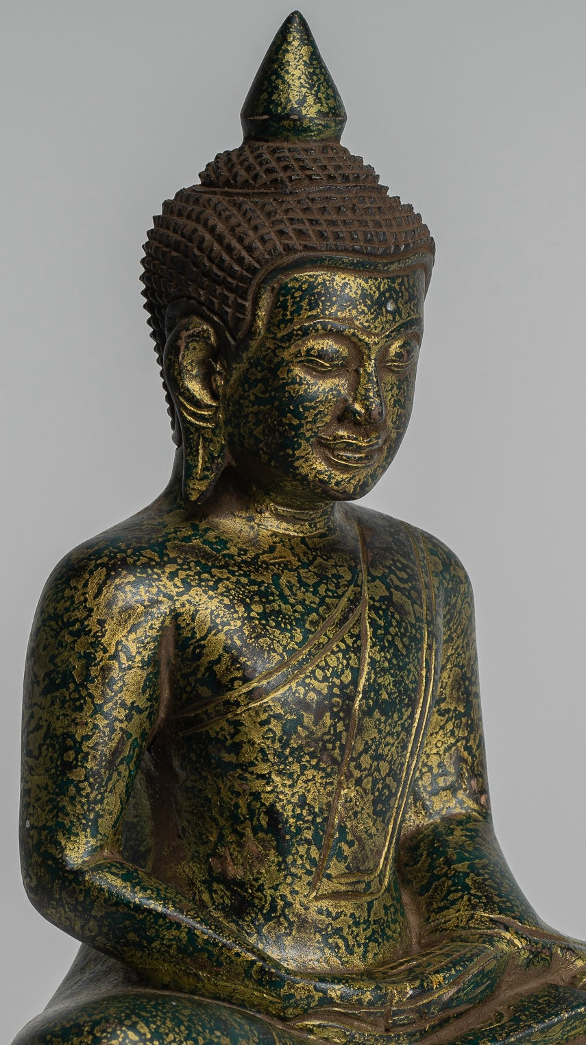 Buddha Sculpture - Antique Khmer Style Wood Seated Buddha Statue Dhyana Meditation Mudra - 28cm/11"