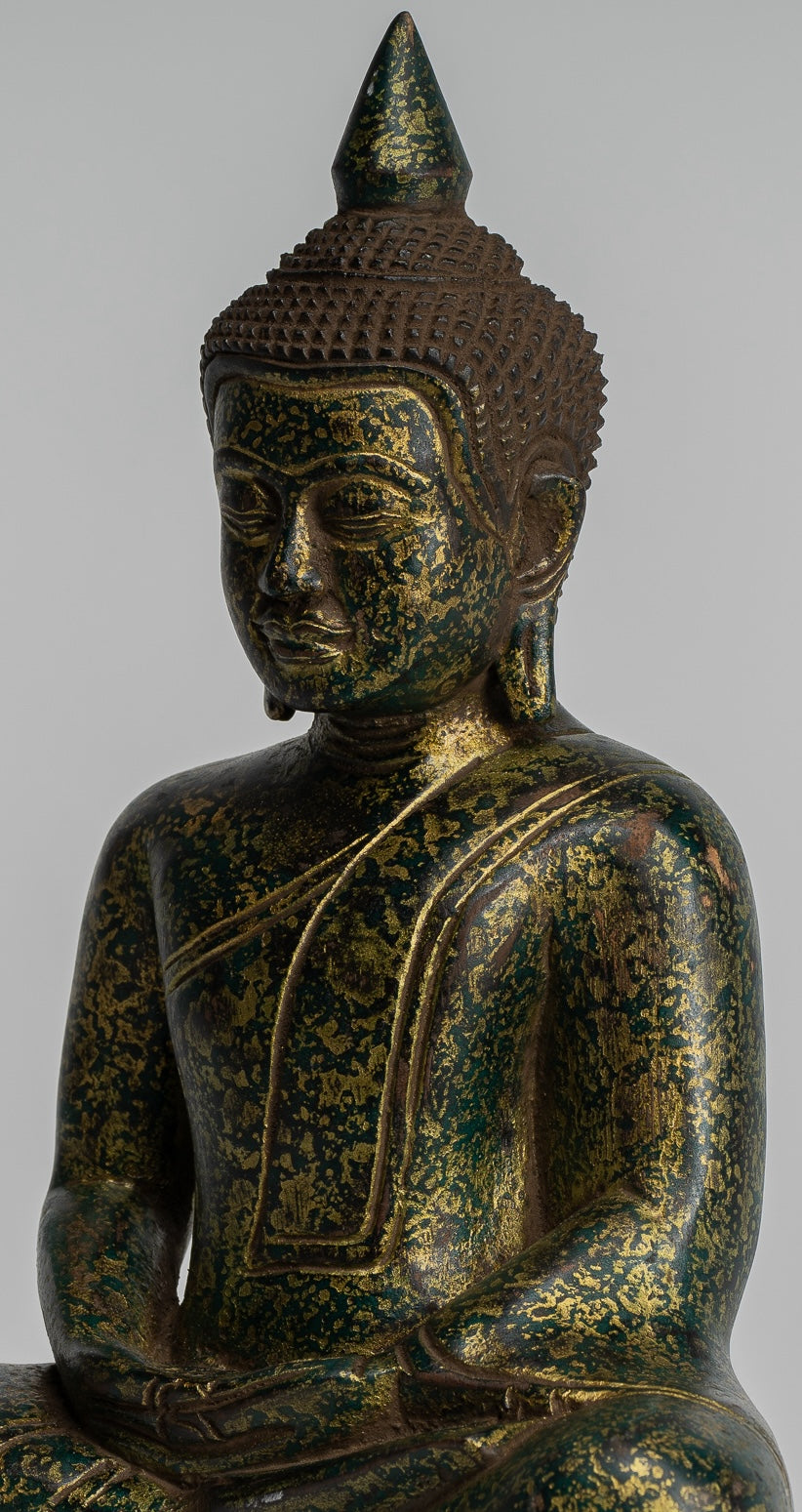 Buddha Sculpture - Antique Khmer Style Wood Seated Buddha Statue Dhyana Meditation Mudra - 28cm/11"