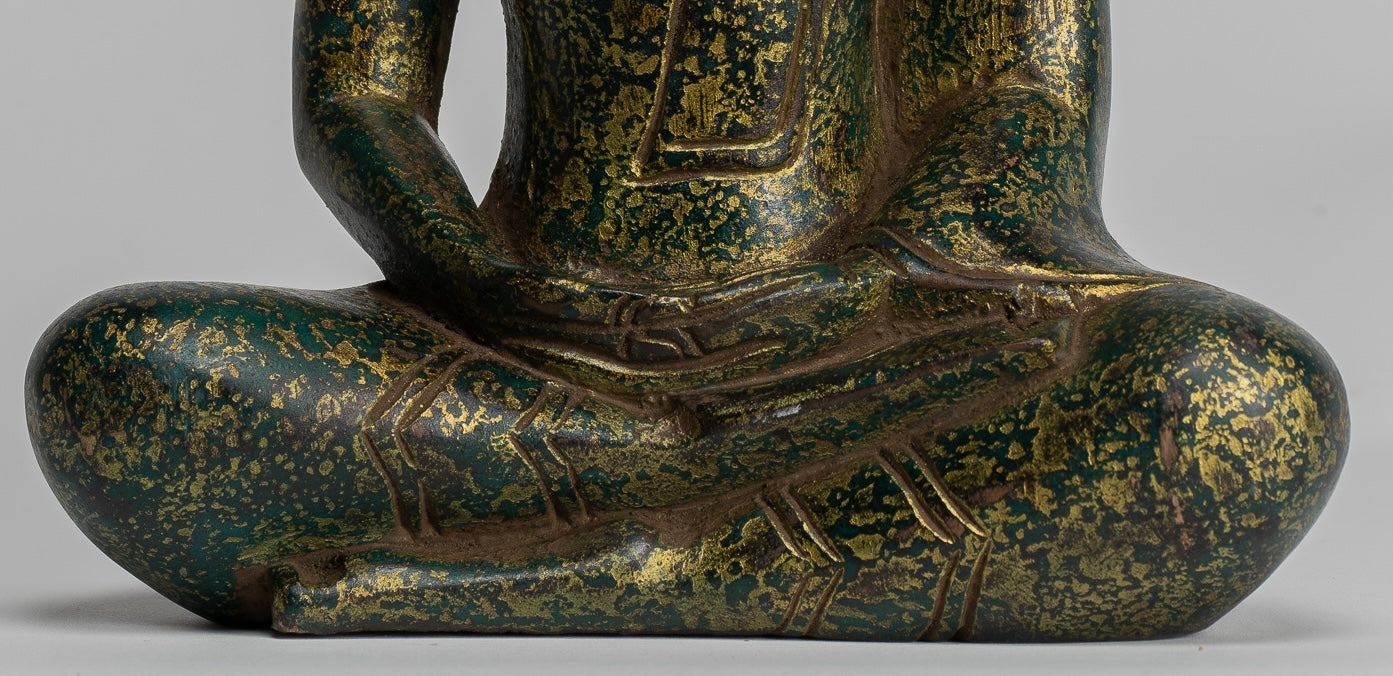 Buddha Sculpture - Antique Khmer Style Wood Seated Buddha Statue Dhyana Meditation Mudra - 28cm/11"