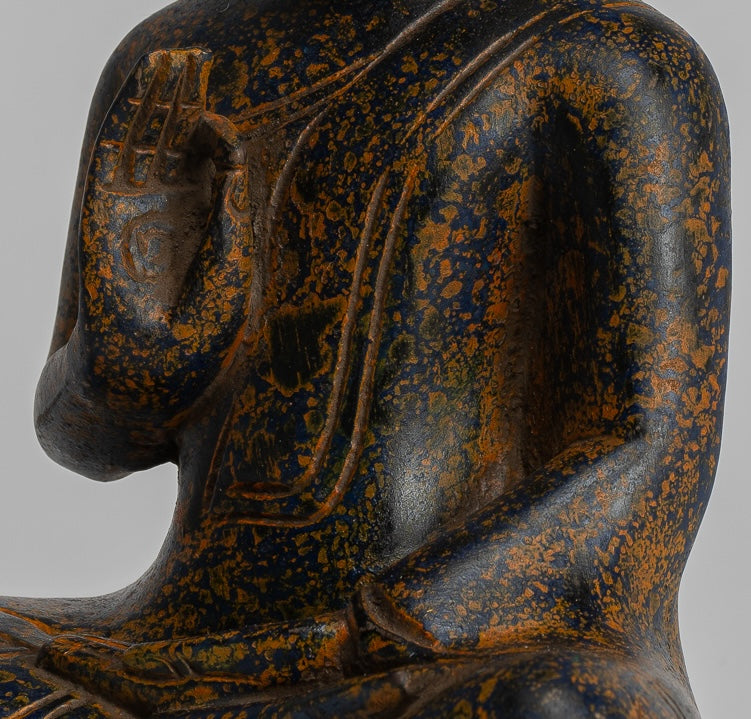 Buddha Statue - Antique Khmer Style Cambodia Seated Wood Buddha Statue Teaching Mudra - 27cm/11"