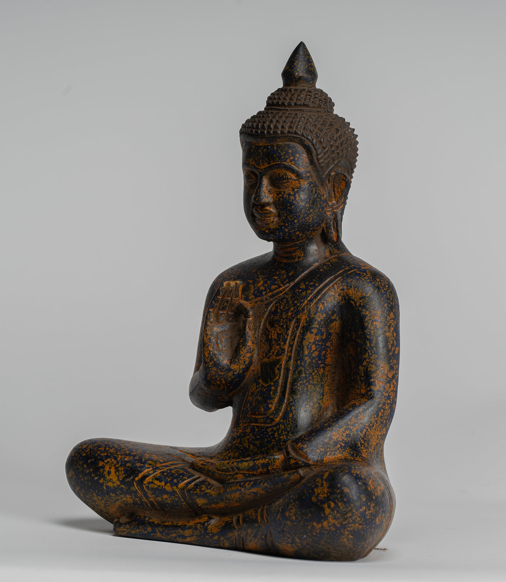 Buddha Statue - Antique Khmer Style Cambodia Seated Wood Buddha Statue Teaching Mudra - 27cm/11"