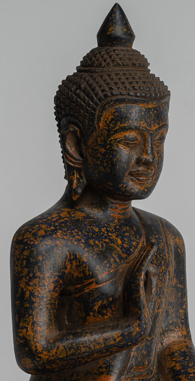 Buddha Statue - Antique Khmer Style Cambodia Seated Wood Buddha Statue Teaching Mudra - 27cm/11"