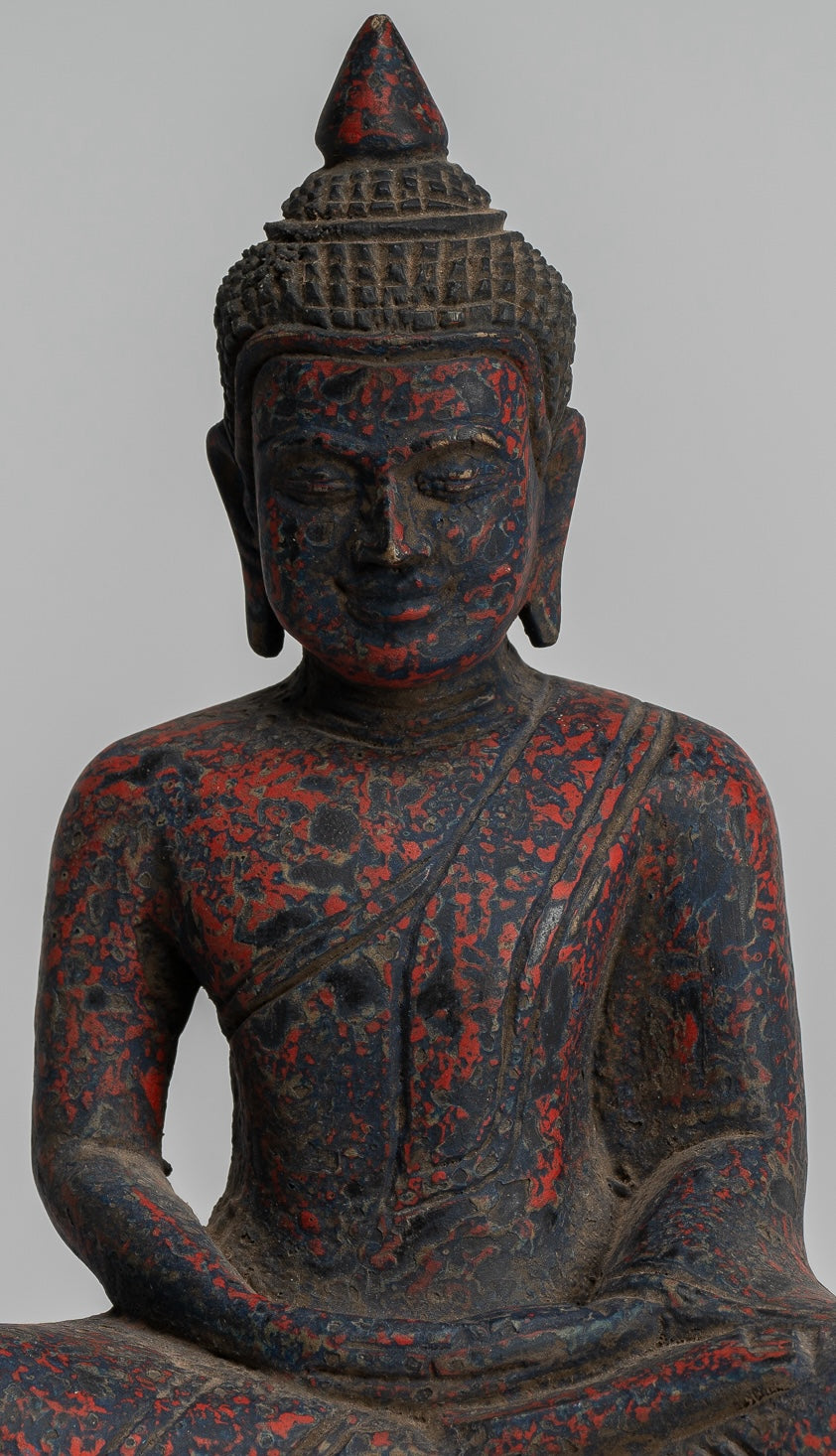 Buddha Sculpture - Antique Khmer Style Wood Seated Buddha Statue Dhyana Meditation Mudra - 21cm/8"