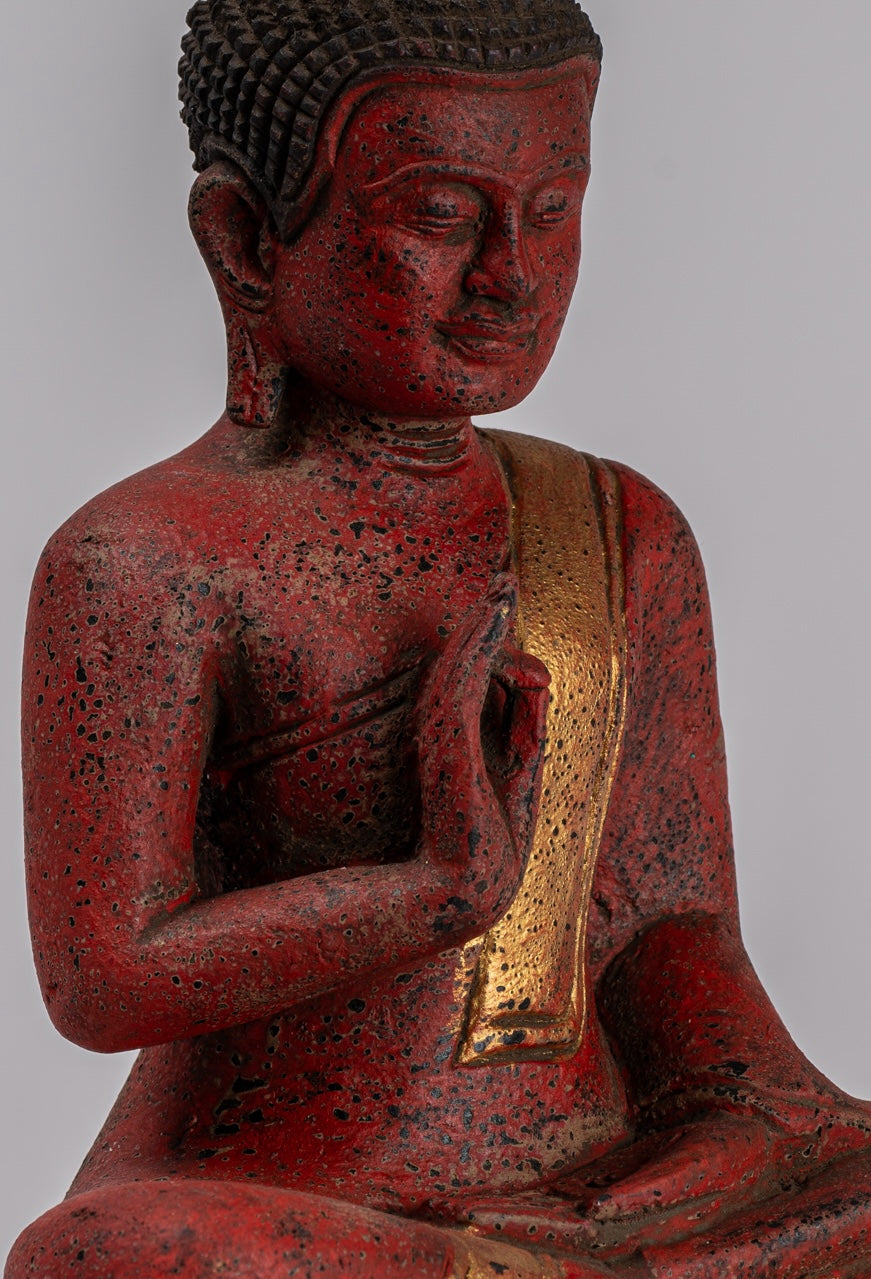 Buddha Statue - Antique Khmer Style Cambodia Seated Wood Buddha Statue Teaching Mudra - 26cm/10"