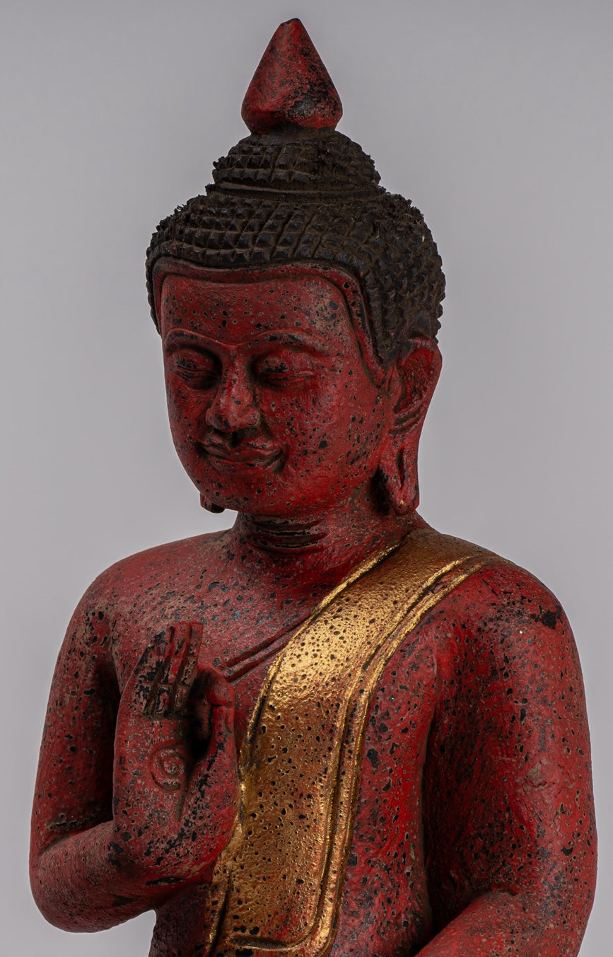 Buddha Statue - Antique Khmer Style Cambodia Seated Wood Buddha Statue Teaching Mudra - 26cm/10"