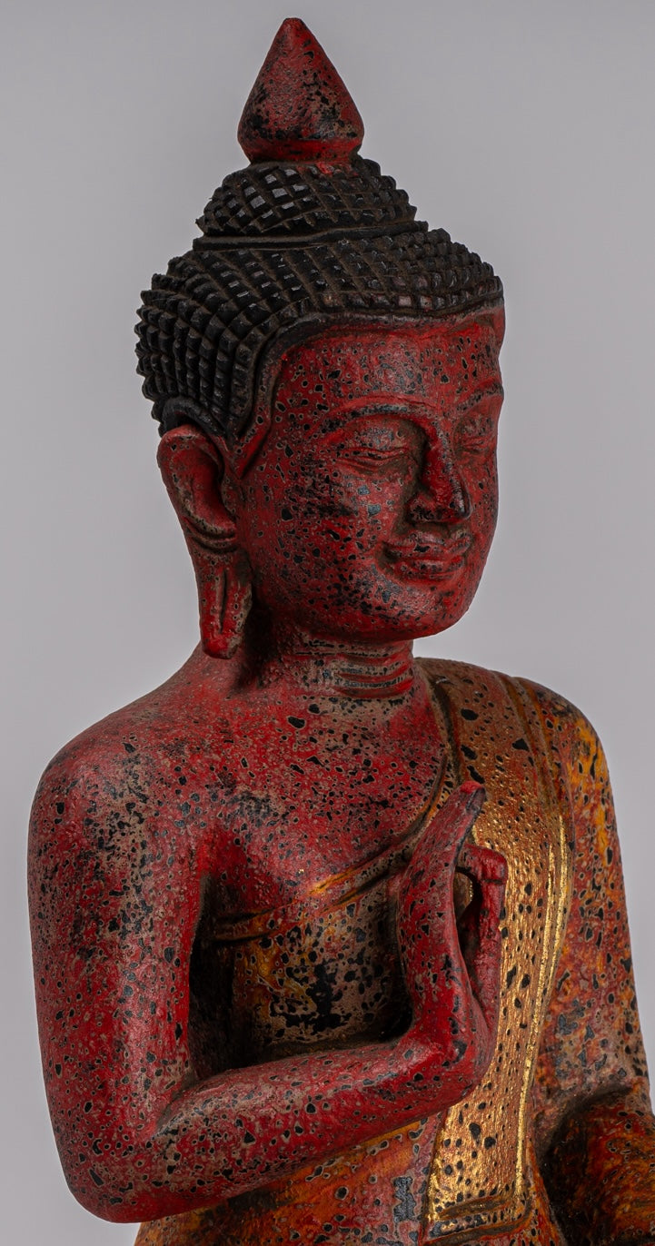 Buddha Statue - Antique Khmer Style Cambodia Seated Wood Buddha Statue Teaching Mudra - 26cm/10"