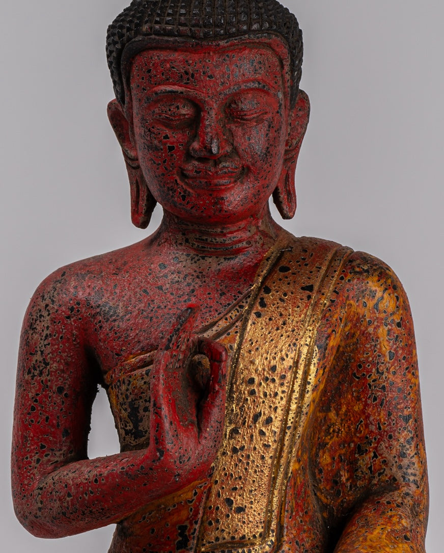 Buddha Statue - Antique Khmer Style Cambodia Seated Wood Buddha Statue Teaching Mudra - 26cm/10"