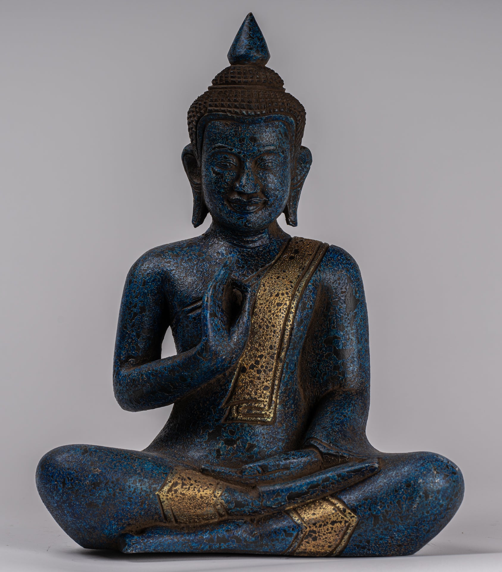 Buddha Statue - Antique Khmer Style Cambodia Seated Wood Buddha Statue Teaching Mudra - 32cm/13"