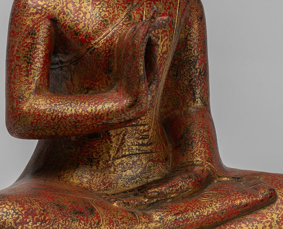 Buddha Statue - Antique Khmer Style Cambodia Seated Wood Buddha Statue Teaching Mudra - 55cm/22"