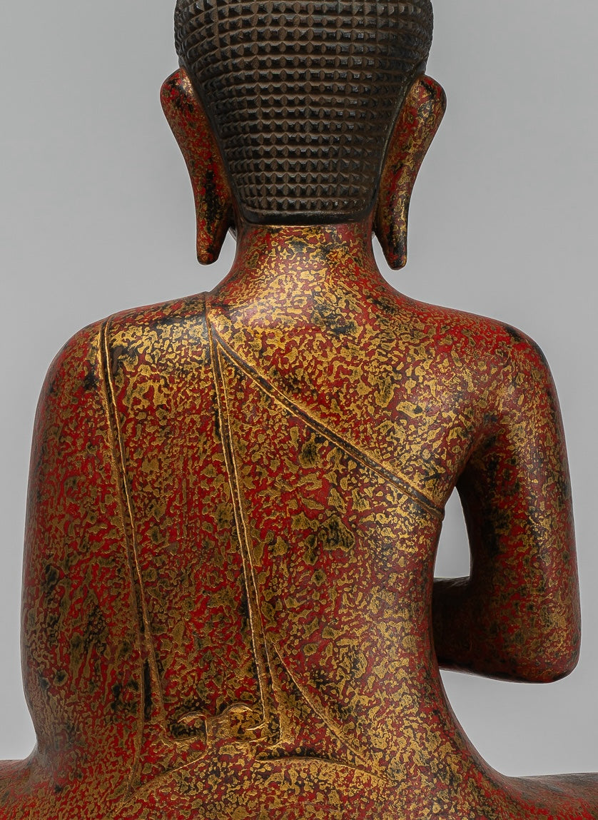 Buddha Statue - Antique Khmer Style Cambodia Seated Wood Buddha Statue Teaching Mudra - 55cm/22"