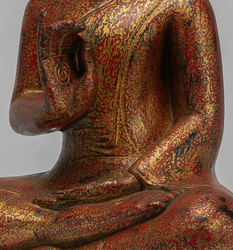 Buddha Statue - Antique Khmer Style Cambodia Seated Wood Buddha Statue Teaching Mudra - 55cm/22"