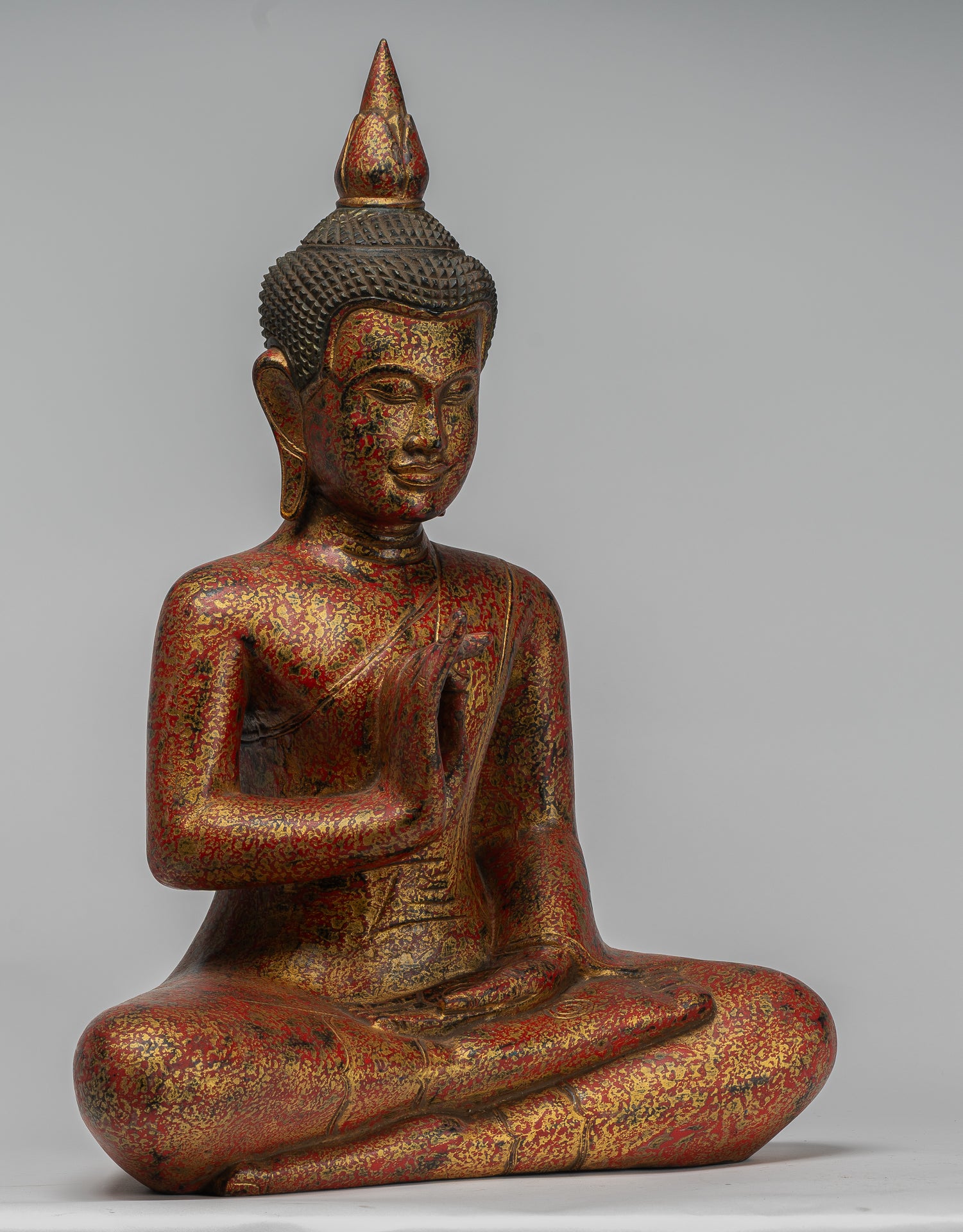 Buddha Statue - Antique Khmer Style Cambodia Seated Wood Buddha Statue Teaching Mudra - 55cm/22"