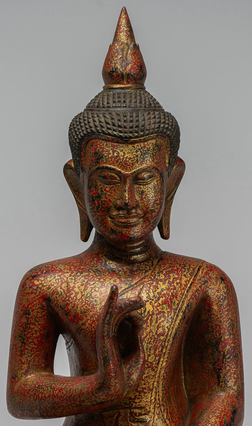 Buddha Statue - Antique Khmer Style Cambodia Seated Wood Buddha Statue Teaching Mudra - 55cm/22"