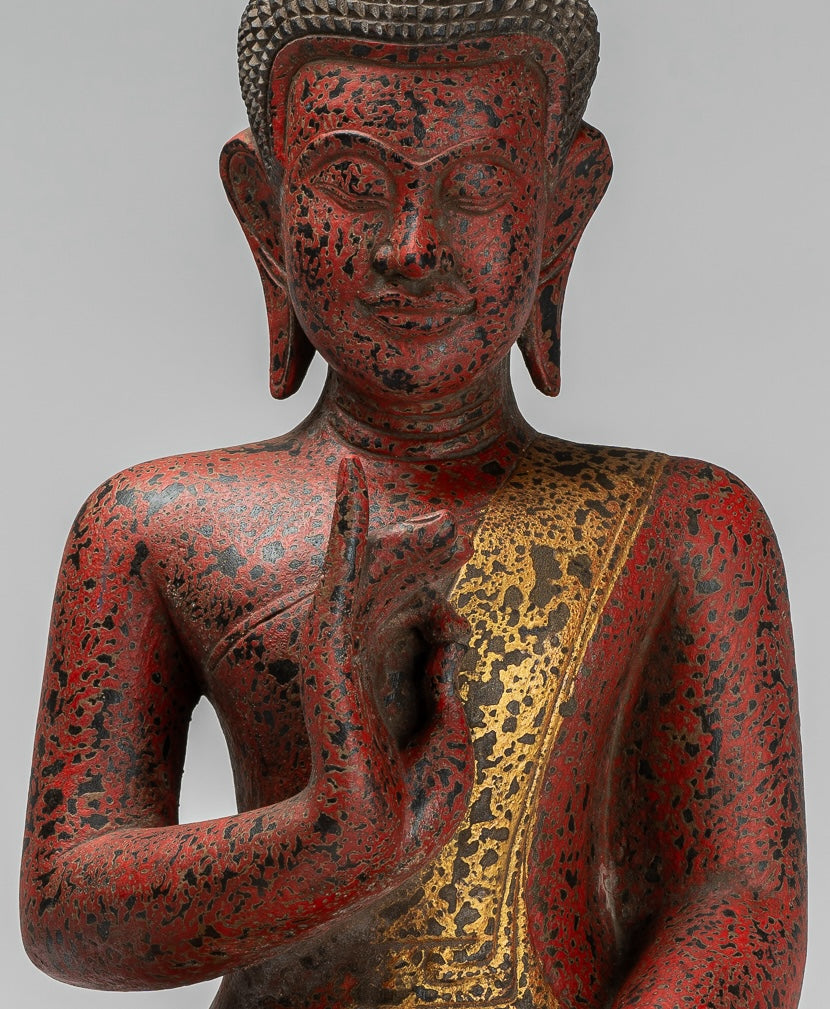 Buddha Statue - Antique Khmer Style Cambodia Seated Wood Buddha Statue Teaching Mudra - 54cm/22"