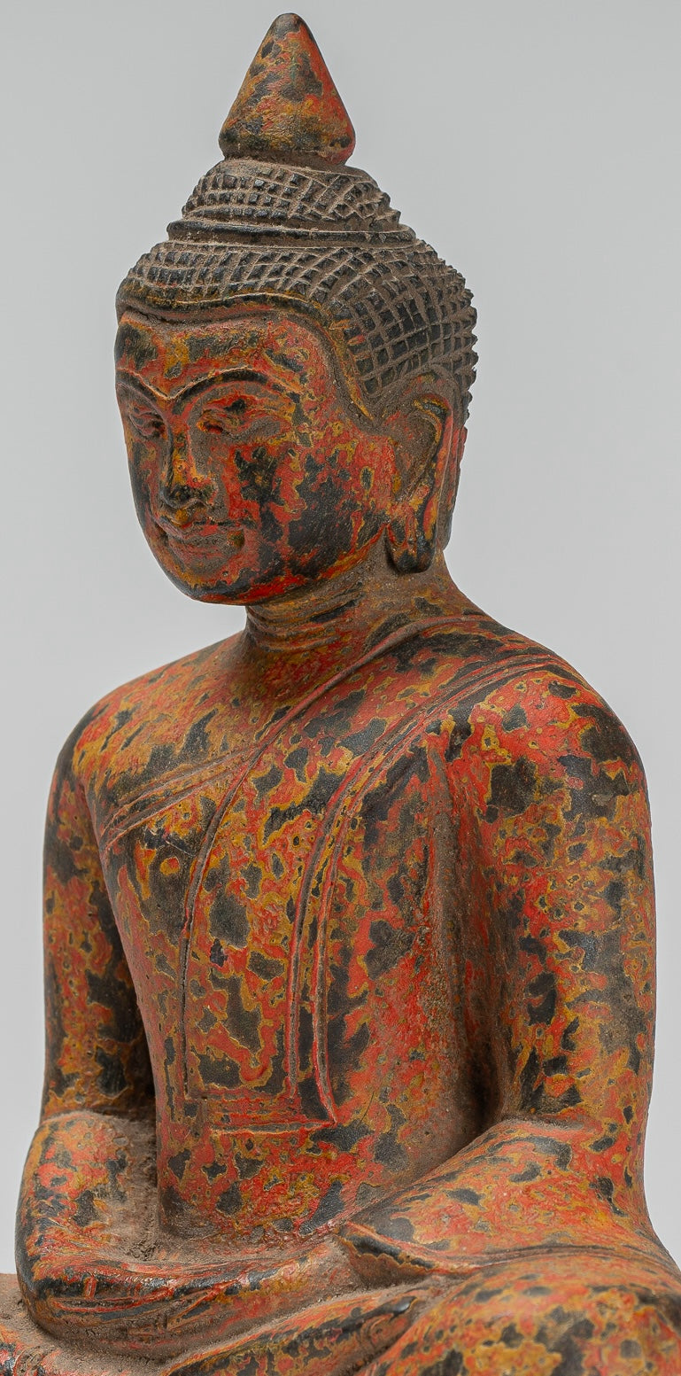 Buddha Sculpture - Antique Khmer Style Wood Seated Buddha Statue Dhyana Meditation Mudra - 21cm/8"