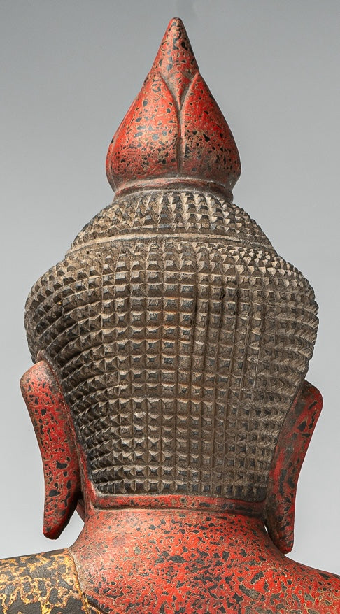 Buddha Statue - Antique Khmer Style Cambodia Seated Wood Buddha Statue Teaching Mudra - 70cm/28"