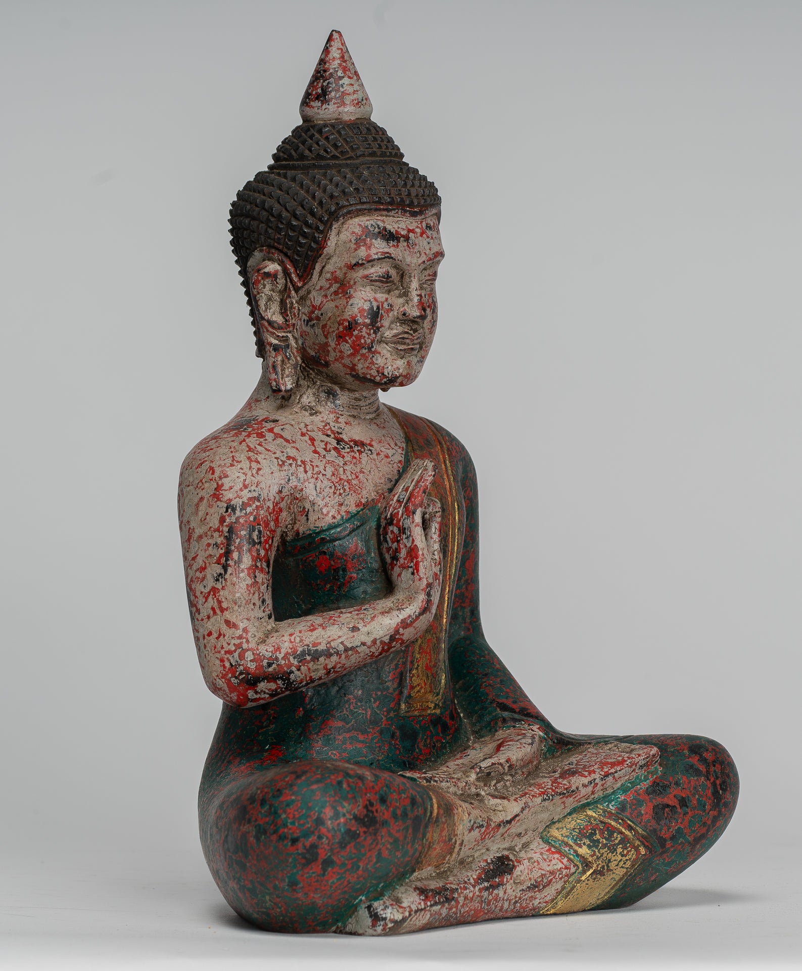 Buddha Statue - Antique Khmer Style Cambodia Seated Wood Buddha Statue Teaching Mudra - 27cm/11"