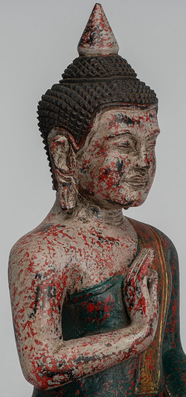 Buddha Statue - Antique Khmer Style Cambodia Seated Wood Buddha Statue Teaching Mudra - 27cm/11"