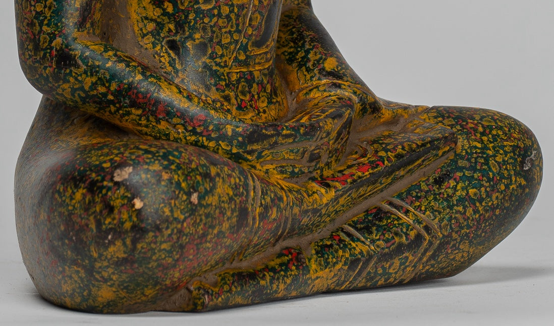 Buddha Sculpture - Antique Khmer Style Wood Seated Buddha Statue Dhyana Meditation Mudra - 27cm/11"