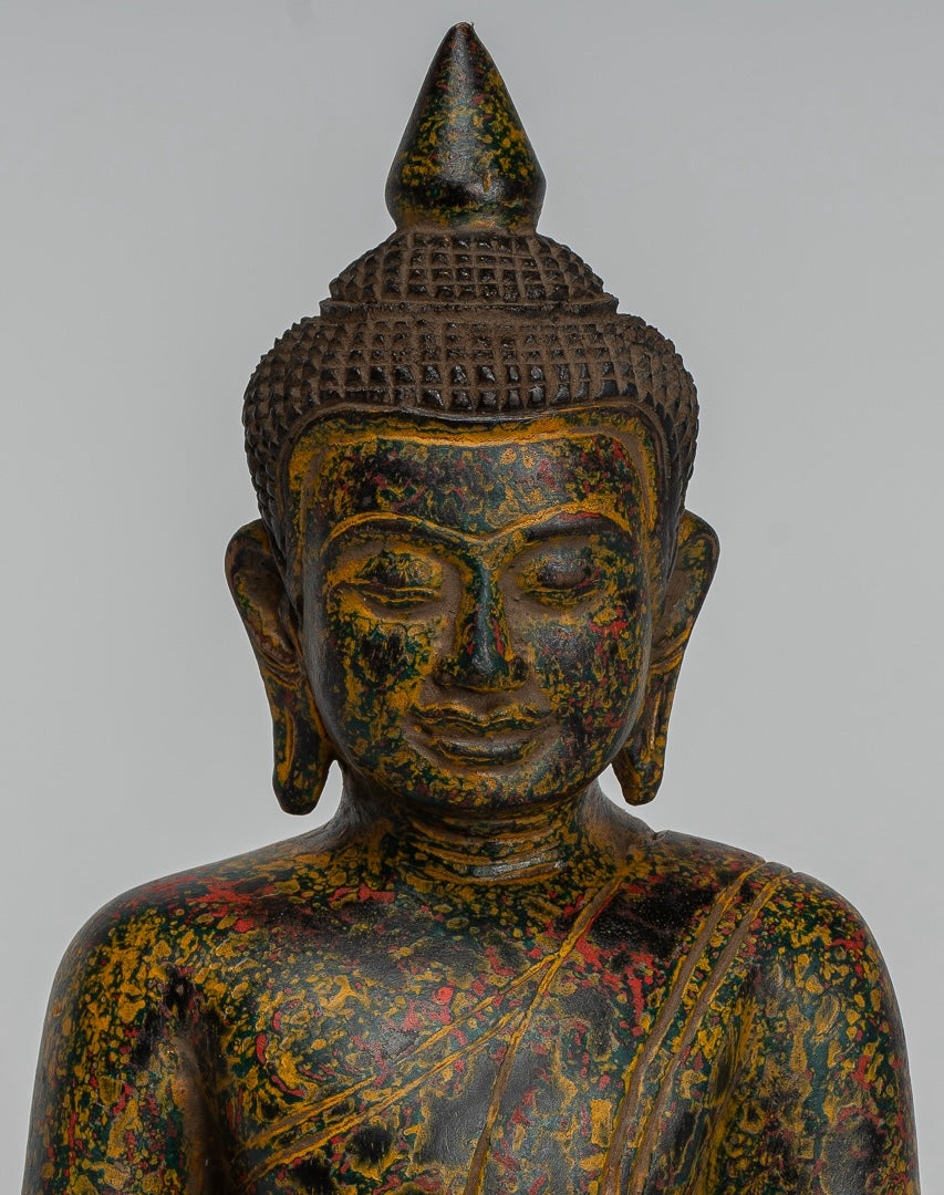 Buddha Sculpture - Antique Khmer Style Wood Seated Buddha Statue Dhyana Meditation Mudra - 27cm/11"
