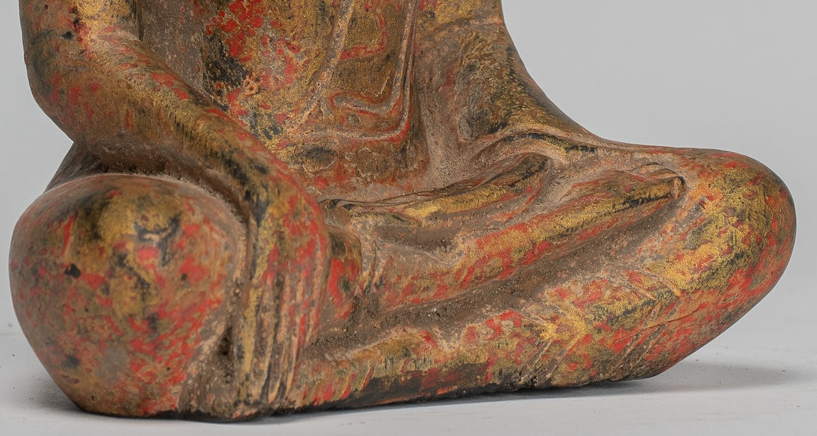 Buddha Statue - Antique Khmer Style SE Asia Seated Wood Enlightenment Buddha Statue - 21cm/8"