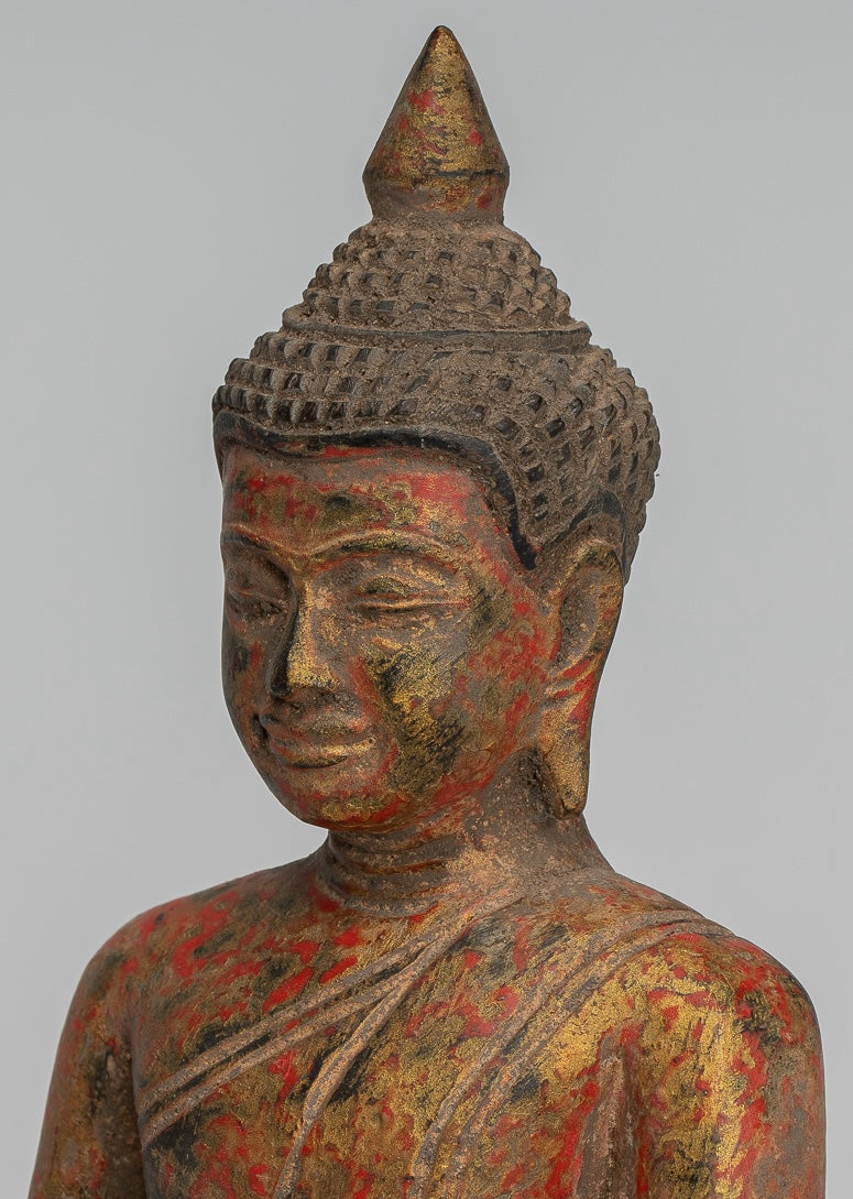 Buddha Statue - Antique Khmer Style SE Asia Seated Wood Enlightenment Buddha Statue - 21cm/8"