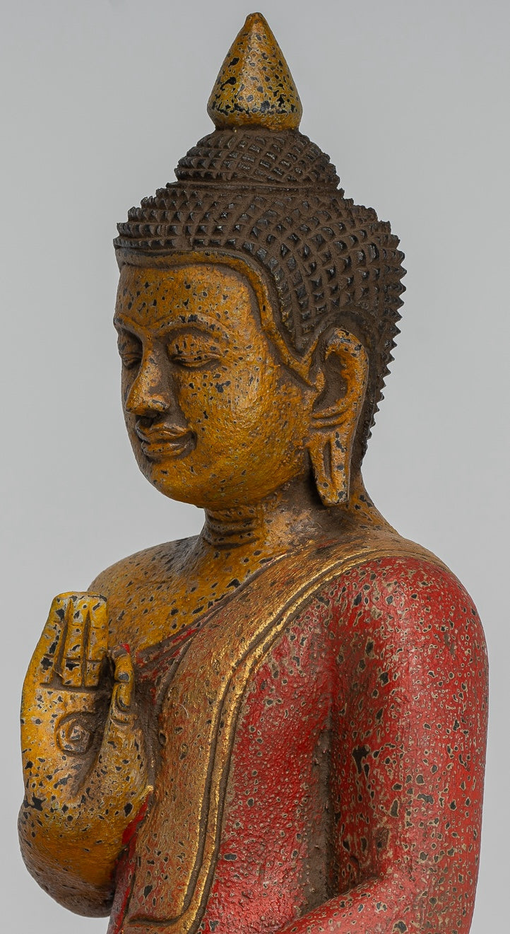 Buddha Statue - Antique Khmer Style Cambodia Seated Wood Buddha Statue Teaching Mudra - 26cm/10"