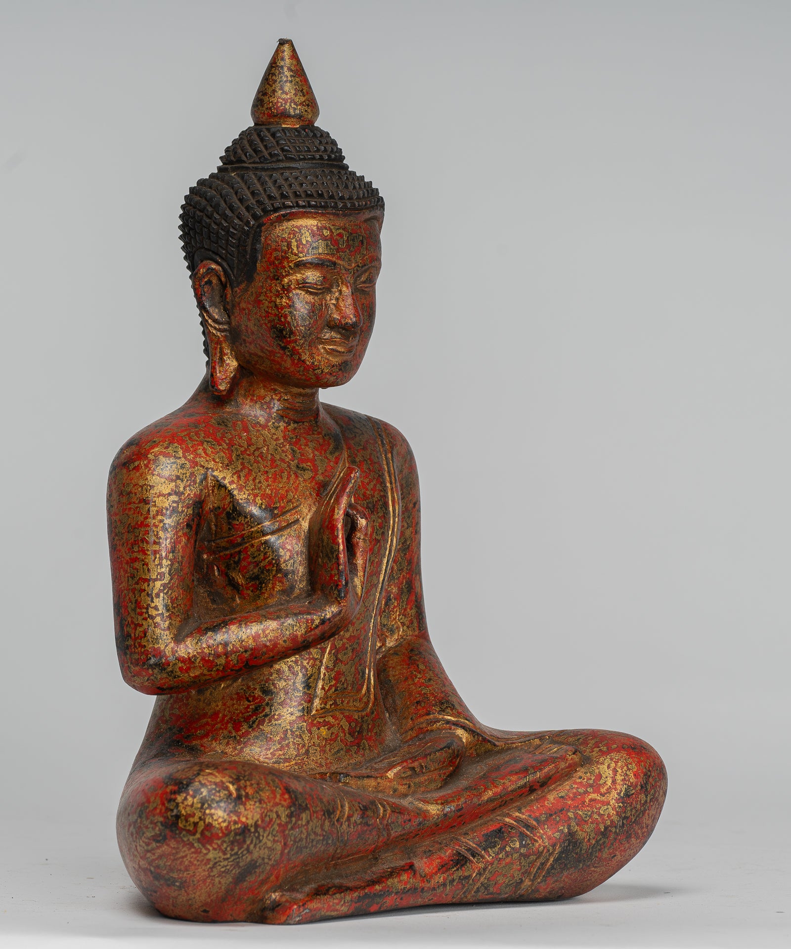 Buddha Statue - Antique Khmer Style Cambodia Seated Wood Buddha Statue Teaching Mudra - 26cm/10"