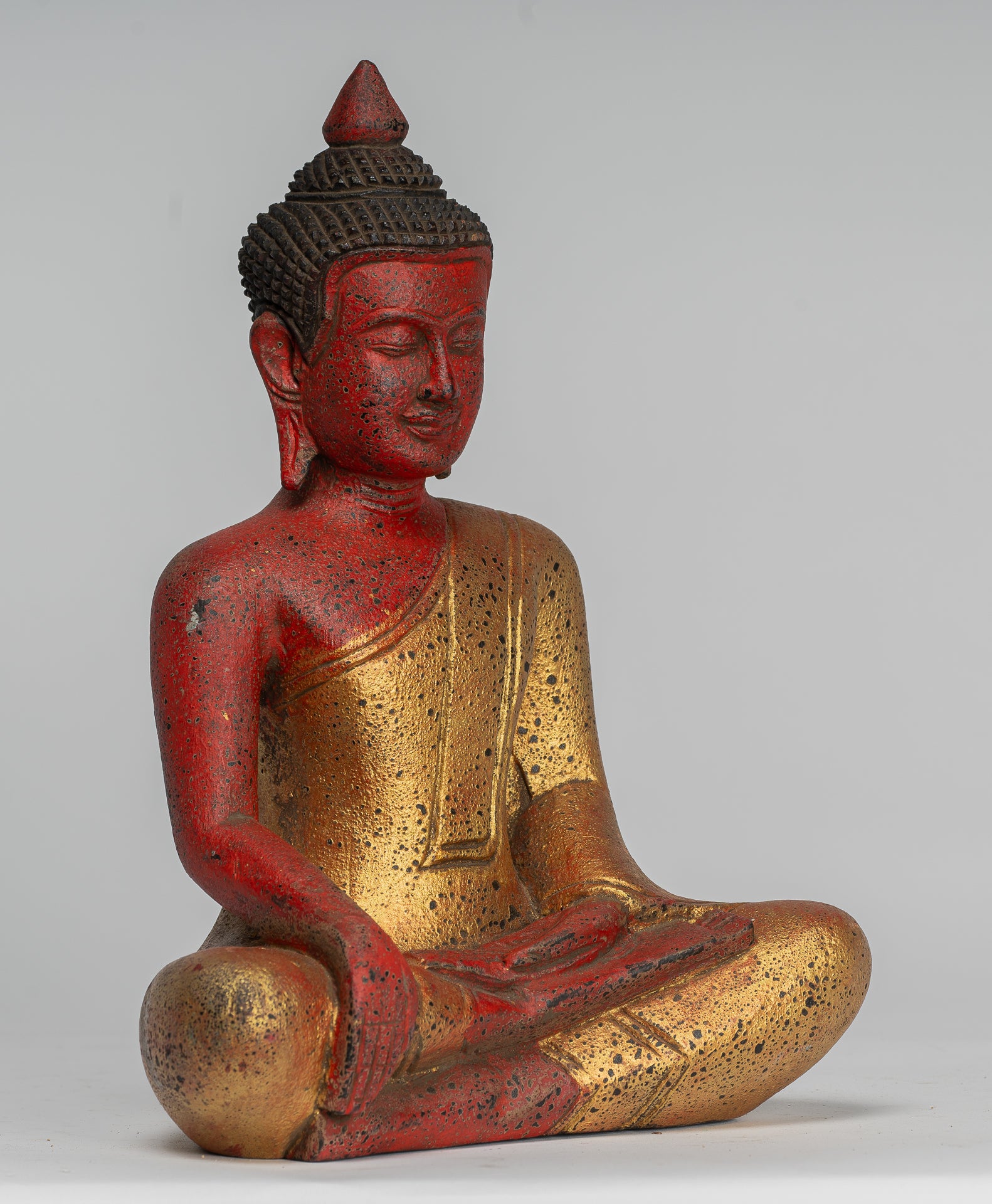Buddha Statue - Antique Khmer Style SE Asia Seated Wood Enlightenment Buddha Statue - 27cm/11"
