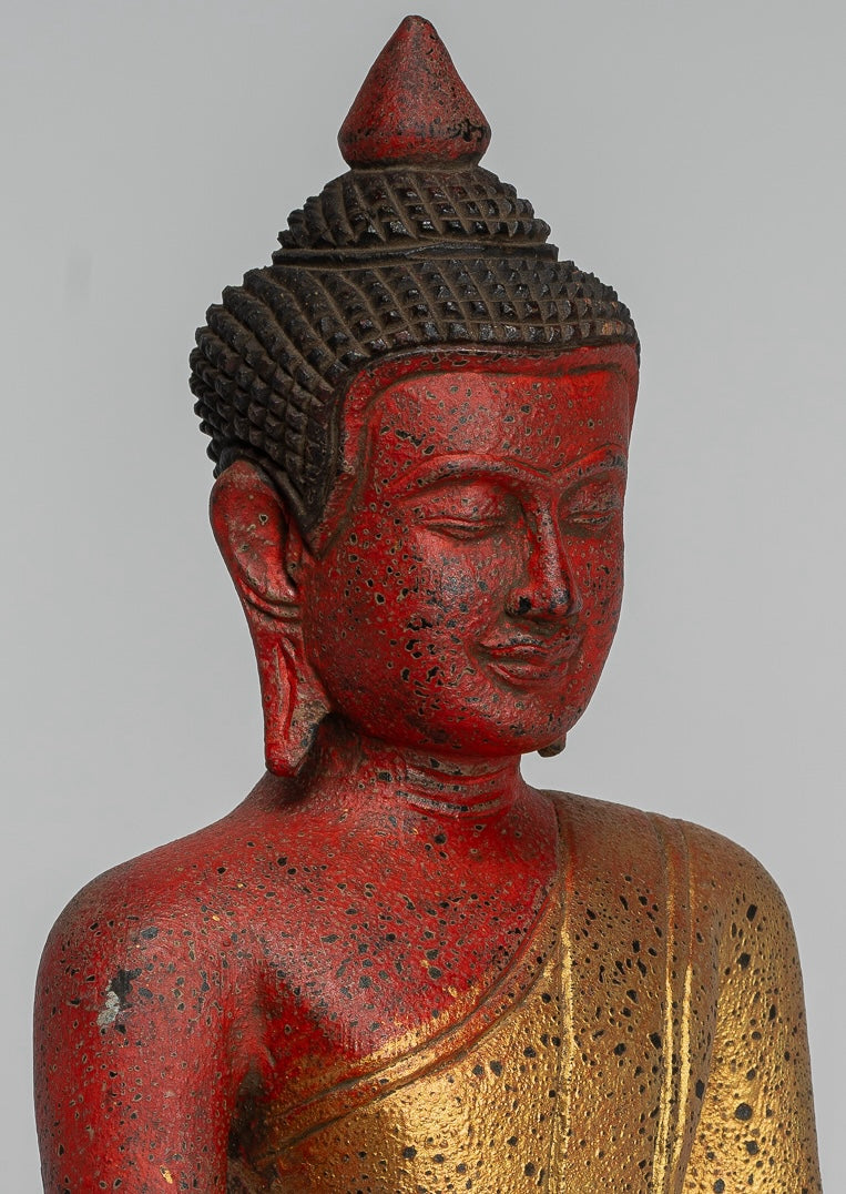 Buddha Statue - Antique Khmer Style SE Asia Seated Wood Enlightenment Buddha Statue - 27cm/11"