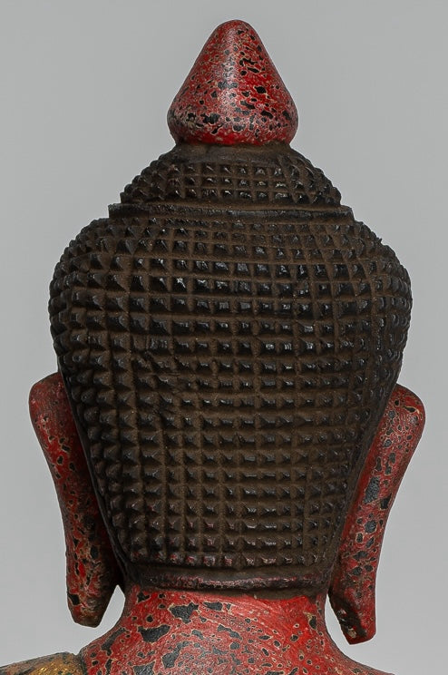 Buddha Sculpture - Antique Khmer Style Wood Seated Buddha Statue Dhyana Meditation Mudra - 26cm/10"