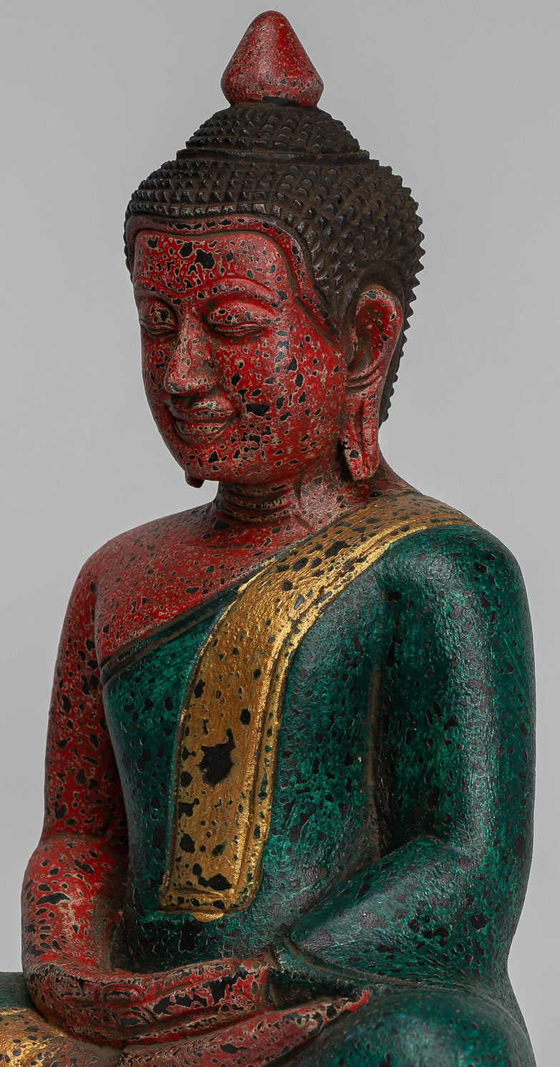 Buddha Sculpture - Antique Khmer Style Wood Seated Buddha Statue Dhyana Meditation Mudra - 26cm/10"