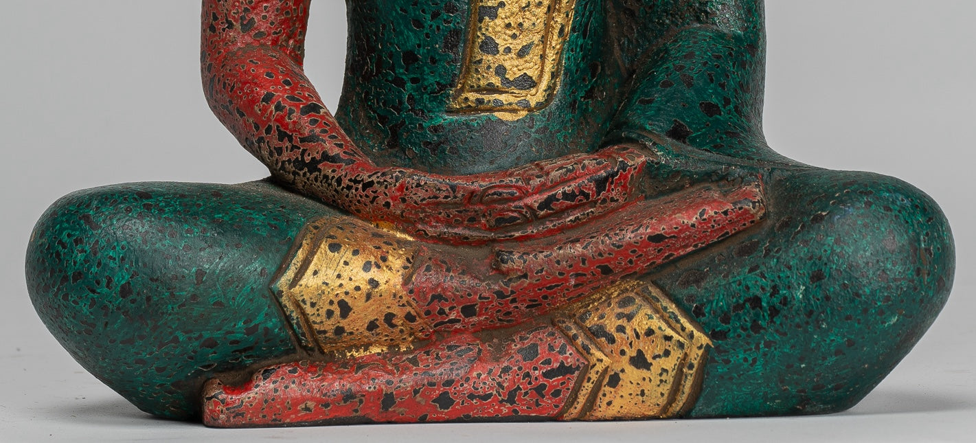 Buddha Sculpture - Antique Khmer Style Wood Seated Buddha Statue Dhyana Meditation Mudra - 26cm/10"